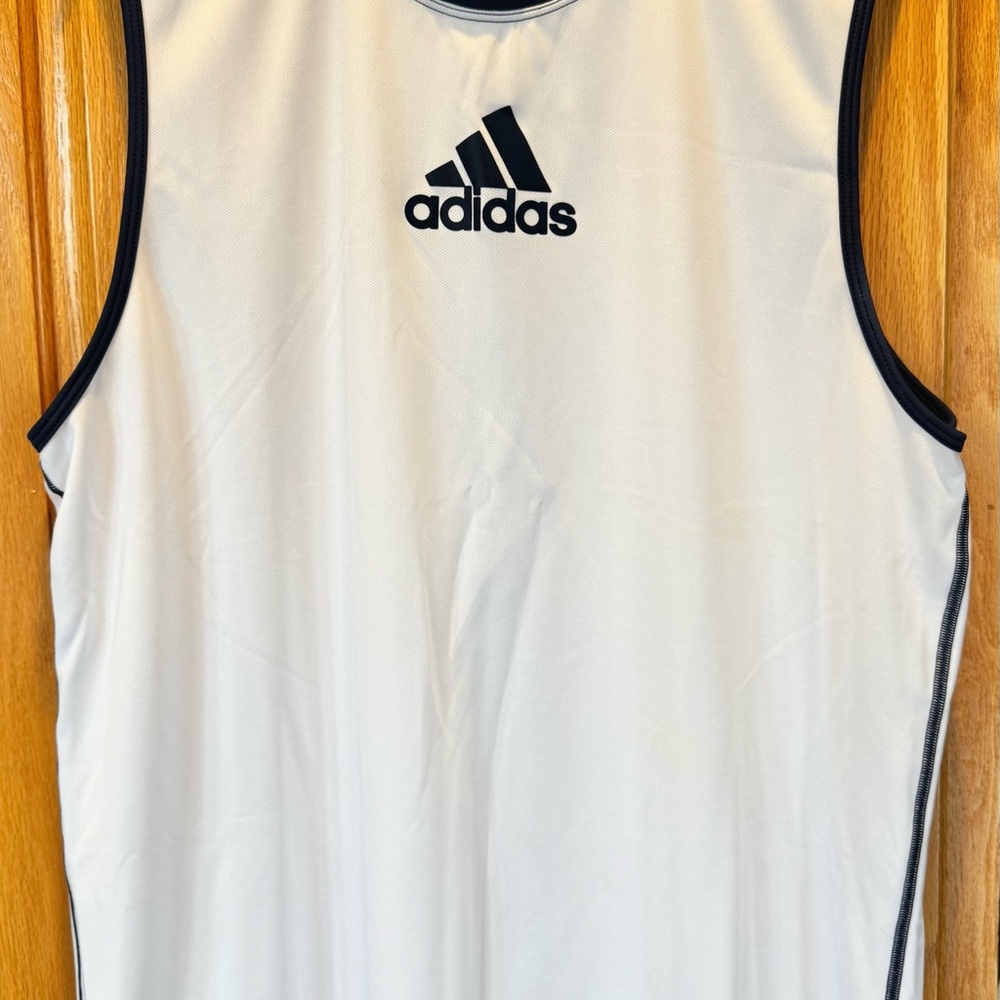 Adidas White Performance Tank with Navy Blue Logo and Trim
